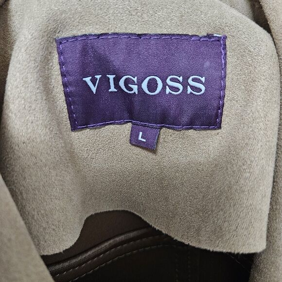 Vigoss Faux Suede Biker Jacket Women's Large Brown Pockets Gold Zipper Belted - Picture 2 of 9